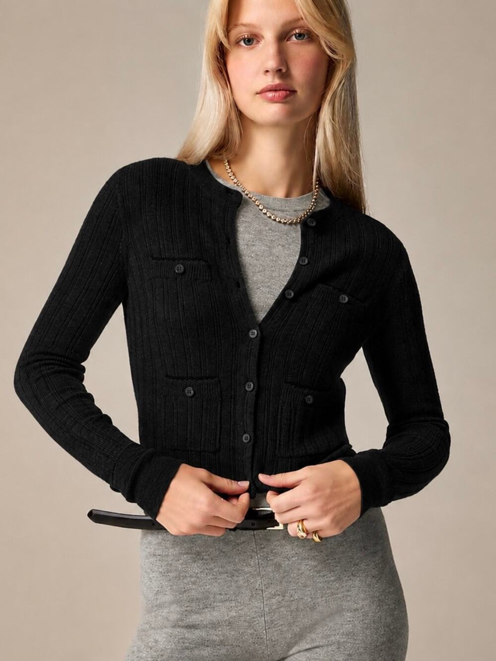 J. Crew Featherweight 100% Cashmere Pointelle Shrunken Cardigan Cropped Sweater